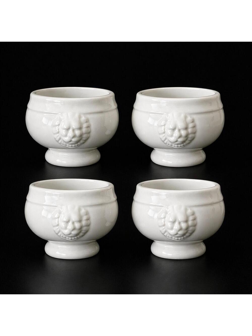 Vintage White Lion Head Soup Bowls, Set of 4,  Ceramic Footed Bowls  - 10258